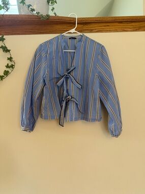 Zara Light Blue Striped Tie-Front Blouse